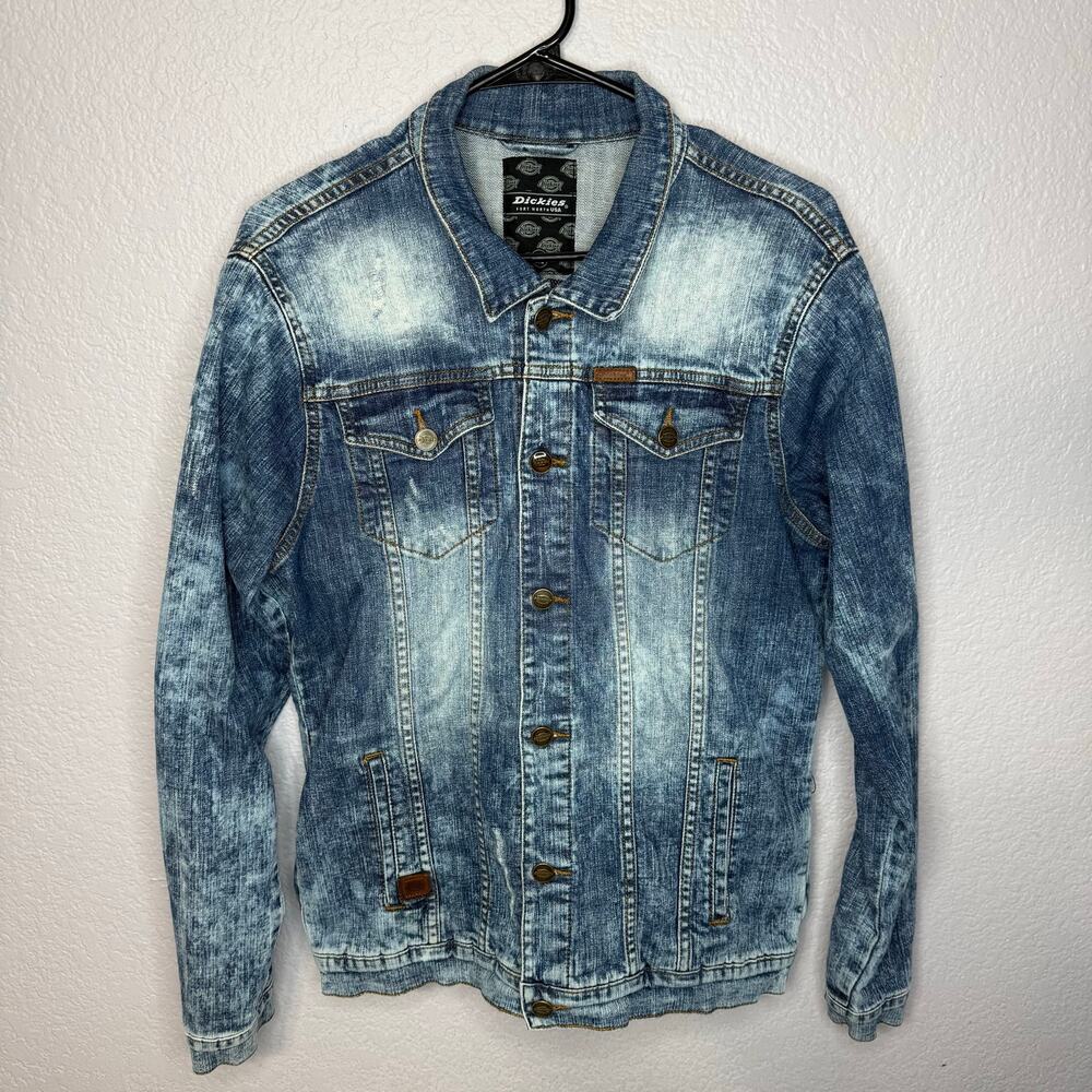 Dickies Denim Trucker Jacket Mens Medium Acid Wash Button Front Workwear Blue